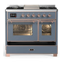 ILVE Majestic III 40-inch Dual Fuel Range with 5 Liquid Propane Burner, Griddle and Triple Glass Door Electric Oven in Blue Grey with Copper Trim (UMD40FNR3BGPLP)