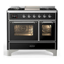 ILVE Majestic III 40-inch Dual Fuel Range with 6 Natural Gas Burner, Griddle and Triple Glass Door Electric Oven in Glossy Black with Chrome Trim (UMD40FNR3BKC)