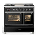 ILVE Majestic III 40-inch Dual Fuel Range with 6 Natural Gas Burner, Griddle and Triple Glass Door Electric Oven in Glossy Black with Chrome Trim (UMD40FNR3BKC)