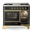 ILVE Majestic III 40-inch Dual Fuel Range with 5 Liquid Propane Burner, Griddle and Triple Glass Door Electric Oven in Glossy Black with Brass Trim (UMD40FNR3BKGLP)