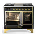 ILVE Majestic III 40-inch Dual Fuel Range with 5 Liquid Propane Burner, Griddle and Triple Glass Door Electric Oven in Glossy Black with Brass Trim (UMD40FNR3BKGLP)