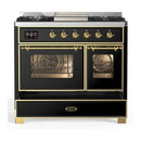 ILVE Majestic III 40-inch Dual Fuel Range with 5 Liquid Propane Burner, Griddle and Triple Glass Door Electric Oven in Glossy Black with Brass Trim (UMD40FNR3BKGLP)