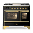 ILVE Majestic III 40-inch Dual Fuel Range with 5 Liquid Propane Burner, Griddle and Triple Glass Door Electric Oven in Glossy Black with Brass Trim (UMD40FNR3BKGLP)