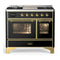 ILVE Majestic III 40-inch Dual Fuel Range with 5 Liquid Propane Burner, Griddle and Triple Glass Door Electric Oven in Glossy Black with Brass Trim (UMD40FNR3BKGLP)