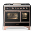 ILVE Majestic III 40-inch Dual Fuel Range with 6 Natural Gas Burner, Griddle and Triple Glass Door Electric Oven in Glossy Black with Copper Trim (UMD40FNR3BKP)