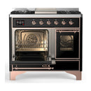 ILVE Majestic III 40-inch Dual Fuel Range with 5 Liquid Propane Burner, Griddle and Triple Glass Door Electric Oven in Glossy Black with Copper Trim (UMD40FNR3BKPLP)
