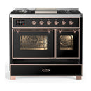 ILVE Majestic III 40-inch Dual Fuel Range with 5 Liquid Propane Burner, Griddle and Triple Glass Door Electric Oven in Glossy Black with Copper Trim (UMD40FNR3BKPLP)