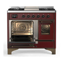 ILVE Majestic III 40-inch Dual Fuel Range with 5 Liquid Propane Burner, Griddle and Triple Glass Door Electric Oven in Burgundy with Burnished Trim (UMD40FNR3BUBLP)