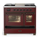 ILVE Majestic III 40-inch Dual Fuel Range with 6 Natural Gas Burner, Griddle and Triple Glass Door Electric Oven in Burgundy with Burnished Trim (UMD40FNR3BUB)