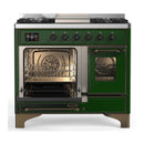 ILVE Majestic III 40-inch Dual Fuel Range with 6 Natural Gas Burner, Griddle and Triple Glass Door Electric Oven in Emerald Green with Burnished Trim (UMD40FNR3EGB)