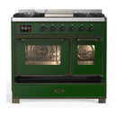 ILVE Majestic III 40-inch Dual Fuel Range with 6 Natural Gas Burner, Griddle and Triple Glass Door Electric Oven in Emerald Green with Burnished Trim (UMD40FNR3EGB)