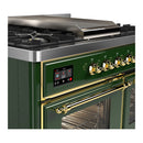 ILVE Majestic III 40-inch Dual Fuel Range with 5 Liquid Propane Burner, Griddle and Triple Glass Door Electric Oven in Emerald Green with Brass Trim (UMD40FNR3EGGLP)