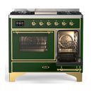ILVE Majestic III 40-inch Dual Fuel Range with 6 Natural Gas Burner, Griddle and Triple Glass Door Electric Oven in Emerald Green with Brass Trim (UMD40FNR3EGG)