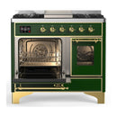 ILVE Majestic III 40-inch Dual Fuel Range with 5 Liquid Propane Burner, Griddle and Triple Glass Door Electric Oven in Emerald Green with Brass Trim (UMD40FNR3EGGLP)