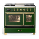 ILVE Majestic III 40-inch Dual Fuel Range with 5 Liquid Propane Burner, Griddle and Triple Glass Door Electric Oven in Emerald Green with Brass Trim (UMD40FNR3EGGLP)