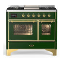 ILVE Majestic III 40-inch Dual Fuel Range with 5 Liquid Propane Burner, Griddle and Triple Glass Door Electric Oven in Emerald Green with Brass Trim (UMD40FNR3EGGLP)