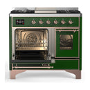 ILVE Majestic III 40-inch Dual Fuel Range with 6 Natural Gas Burner, Griddle and Triple Glass Door Electric Oven in Emerald Green with Copper Trim (UMD40FNR3EGP)
