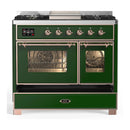 ILVE Majestic III 40-inch Dual Fuel Range with 6 Natural Gas Burner, Griddle and Triple Glass Door Electric Oven in Emerald Green with Copper Trim (UMD40FNR3EGP)