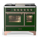 ILVE Majestic III 40-inch Dual Fuel Range with 5 Liquid Propane Burner, Griddle and Triple Glass Door Electric Oven in Emerald Green with Copper Trim (UMD40FNR3EGPLP)