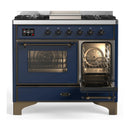 ILVE Majestic III 40-inch Dual Fuel Range with 5 Liquid Propane Burner, Griddle and Triple Glass Door Electric Oven in Midnight Blue with Burnished Trim (UMD40FNR3MBBLP)