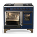 ILVE Majestic III 40-inch Dual Fuel Range with 5 Liquid Propane Burner, Griddle and Triple Glass Door Electric Oven in Midnight Blue with Burnished Trim (UMD40FNR3MBBLP)