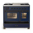 ILVE Majestic III 40-inch Dual Fuel Range with 5 Liquid Propane Burner, Griddle and Triple Glass Door Electric Oven in Midnight Blue with Burnished Trim (UMD40FNR3MBBLP)