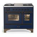 ILVE Majestic III 40-inch Dual Fuel Range with 5 Liquid Propane Burner, Griddle and Triple Glass Door Electric Oven in Midnight Blue with Burnished Trim (UMD40FNR3MBBLP)