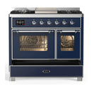 ILVE Majestic III 40-inch Dual Fuel Range with 6 Natural Gas Burner, Griddle and Triple Glass Door Electric Oven in Midnight Blue with Chrome Trim (UMD40FNR3MBC)