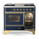 ILVE Majestic III 40-inch Dual Fuel Range with 6 Natural Gas Burner, Griddle and Triple Glass Door Electric Oven in Blue Grey with Brass Trim (UMD40FNR3MBG)