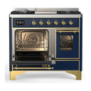 ILVE Majestic III 40-inch Dual Fuel Range with 5 Liquid Propane Burner, Griddle and Triple Glass Door Electric Oven in Blue Grey with Brass Trim (UMD40FNR3MBGLP)