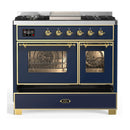 ILVE Majestic III 40-inch Dual Fuel Range with 6 Natural Gas Burner, Griddle and Triple Glass Door Electric Oven in Blue Grey with Brass Trim (UMD40FNR3MBG)