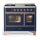 ILVE Majestic III 40-inch Dual Fuel Range with 6 Natural Gas Burner, Griddle and Triple Glass Door Electric Oven in Midnight Blue with Copper Trim (UMD40FNR3MBP)