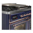 ILVE Majestic III 40-inch Dual Fuel Range with 5 Liquid Propane Burner, Griddle and Triple Glass Door Electric Oven in Midnight Blue with Copper Trim (UMD40FNR3MBPLP)