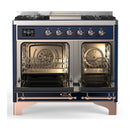 ILVE Majestic III 40-inch Dual Fuel Range with 6 Natural Gas Burner, Griddle and Triple Glass Door Electric Oven in Midnight Blue with Copper Trim (UMD40FNR3MBP)