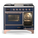 ILVE Majestic III 40-inch Dual Fuel Range with 6 Natural Gas Burner, Griddle and Triple Glass Door Electric Oven in Midnight Blue with Copper Trim (UMD40FNR3MBP)