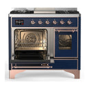 ILVE Majestic III 40-inch Dual Fuel Range with 6 Natural Gas Burner, Griddle and Triple Glass Door Electric Oven in Midnight Blue with Copper Trim (UMD40FNR3MBP)