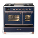 ILVE Majestic III 40-inch Dual Fuel Range with 6 Natural Gas Burner, Griddle and Triple Glass Door Electric Oven in Midnight Blue with Copper Trim (UMD40FNR3MBP)