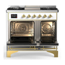 ILVE Majestic III 40-inch Dual Fuel Range with 5 Liquid Propane Burner, Griddle and Triple Glass Door Electric Oven in White with Brass Trim (UMD40FNR3WHGLP)