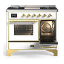 ILVE Majestic III 40-inch Dual Fuel Range with 5 Liquid Propane Burner, Griddle and Triple Glass Door Electric Oven in White with Brass Trim (UMD40FNR3WHGLP)