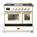 ILVE Majestic III 40-inch Dual Fuel Range with 5 Liquid Propane Burner, Griddle and Triple Glass Door Electric Oven in White with Brass Trim (UMD40FNR3WHGLP)