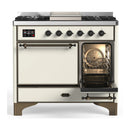 ILVE Majestic III 40-inch Dual Fuel Range with 6 Natural Gas Burner, Griddle and Solid Door Electric Oven in Antique White with Burnished Trim (UMD40FQNR3AWB)