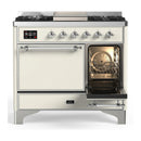 ILVE Majestic III 40-inch Dual Fuel Range with 6 Natural Gas Burner, Griddle and Solid Door Electric Oven in Antique White with Chrome Trim (UMD40FQNR3AWC)