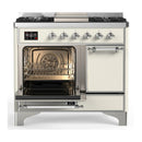 ILVE Majestic III 40-inch Dual Fuel Range with 6 Natural Gas Burner, Griddle and Solid Door Electric Oven in Antique White with Chrome Trim (UMD40FQNR3AWC)