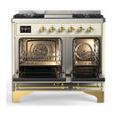 ILVE Majestic III 40-inch Dual Fuel Range with 6 Natural Gas Burner, Griddle and Solid Door Electric Oven in Antique White with Brass Trim (UMD40FQNR3AWG)