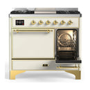 ILVE Majestic III 40-inch Dual Fuel Range with 6 Natural Gas Burner, Griddle and Solid Door Electric Oven in Antique White with Brass Trim (UMD40FQNR3AWG)