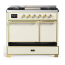 ILVE Majestic III 40-inch Dual Fuel Range with 5 Liquid Propane Burner, Griddle and Solid Door Electric Oven in Antique White with Brass Trim (UMD40FQNR3AWGLP)