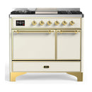 ILVE Majestic III 40-inch Dual Fuel Range with 5 Liquid Propane Burner, Griddle and Solid Door Electric Oven in Antique White with Brass Trim (UMD40FQNR3AWGLP)