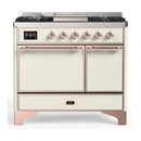 ILVE Majestic III 40-inch Dual Fuel Range with 6 Natural Gas Burner, Griddle and Solid Door Electric Oven in Antique White with Copper Trim (UMD40FQNR3AWP)