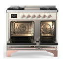 ILVE Majestic III 40-inch Dual Fuel Range with 6 Natural Gas Burner, Griddle and Solid Door Electric Oven in Antique White with Copper Trim (UMD40FQNR3AWP)