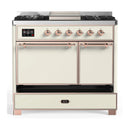 ILVE Majestic III 40-inch Dual Fuel Range with 6 Natural Gas Burner, Griddle and Solid Door Electric Oven in Antique White with Copper Trim (UMD40FQNR3AWP)